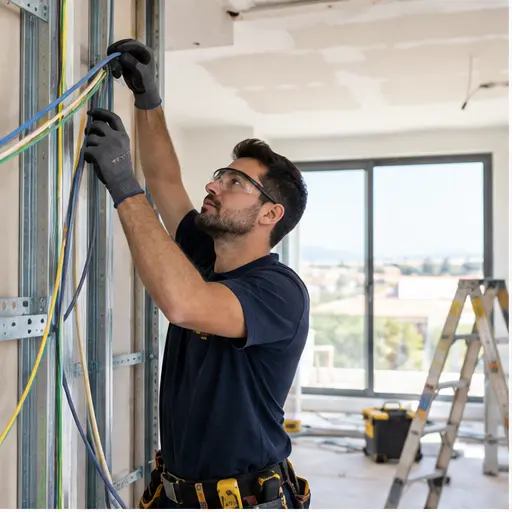 Técnico a instalar cablagem elétrica