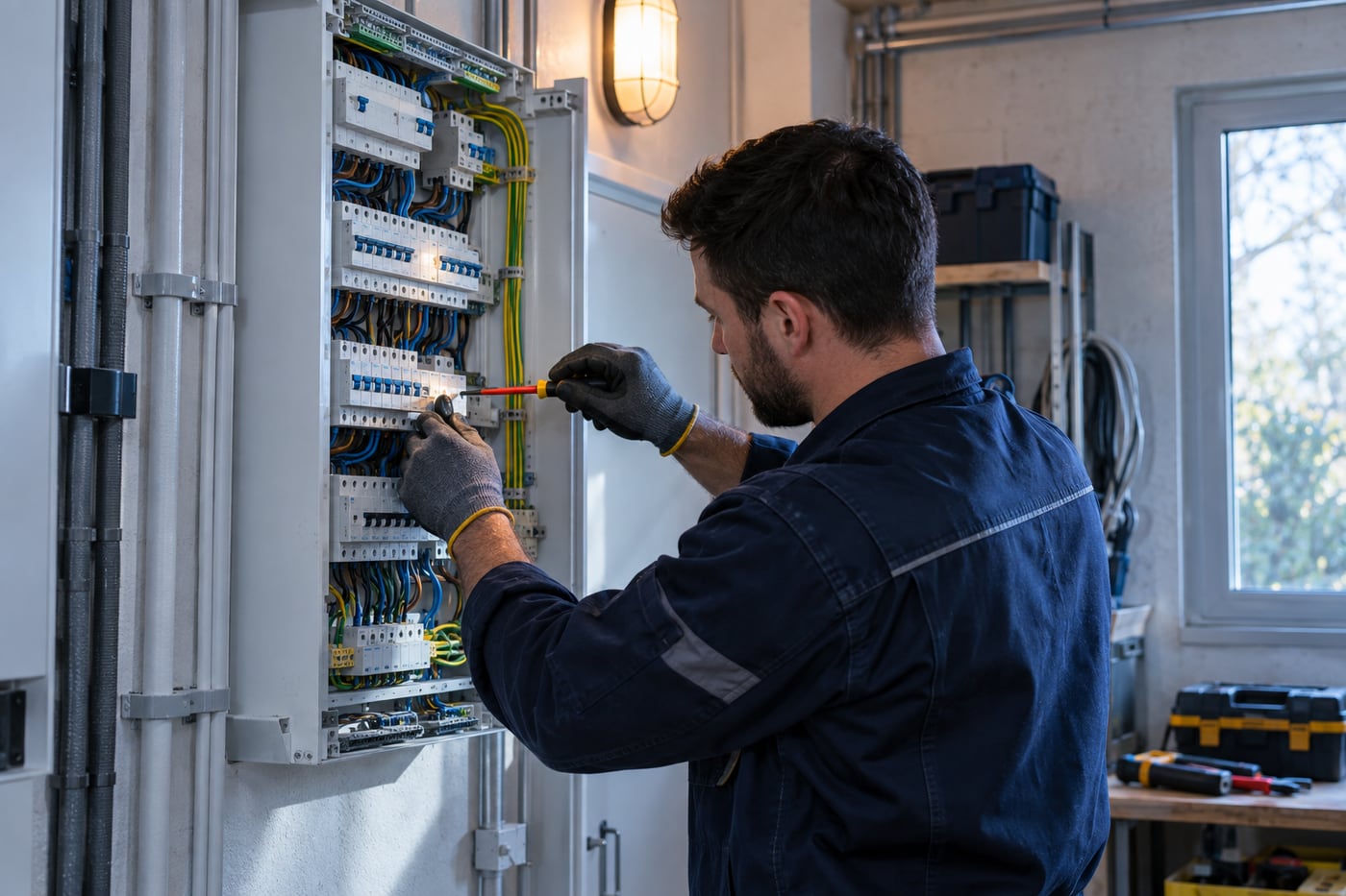 Técnico a trabalhar num quadro elétrico